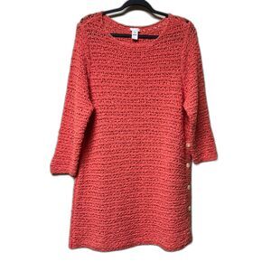 J. JILL Bright Coral Cotton Open Knit Tunic, Side Buttons, Sz M